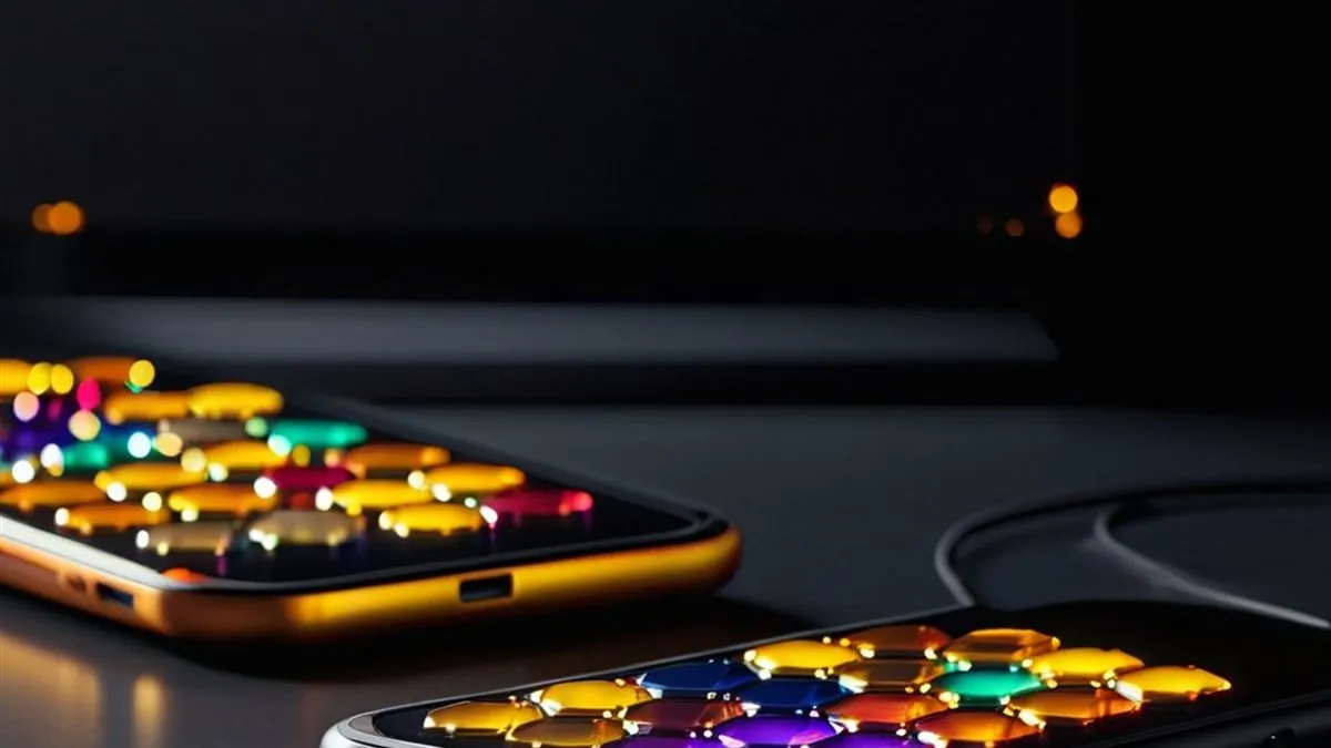 Dos celulares sobre un escritorio oscuro con mosaicos de juegos de colores brillantes