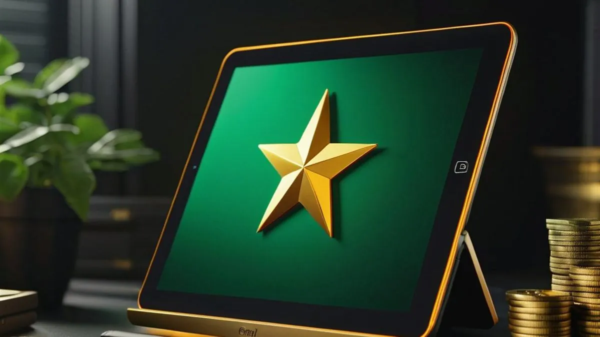 Tablet en un escritorio con una estrella dorada sobre pantalla verde y monedas apiladas