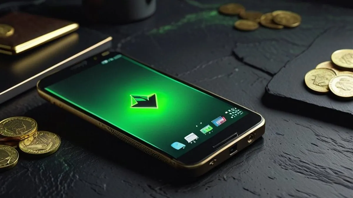 Celular sobre una mesa de pizarra con una flecha verde en pantalla y monedas doradas