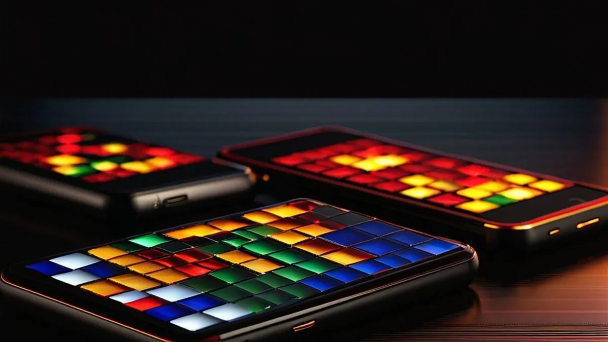 Dos celulares sobre una mesa oscura con cuadrículas de juegos de colores en la pantalla