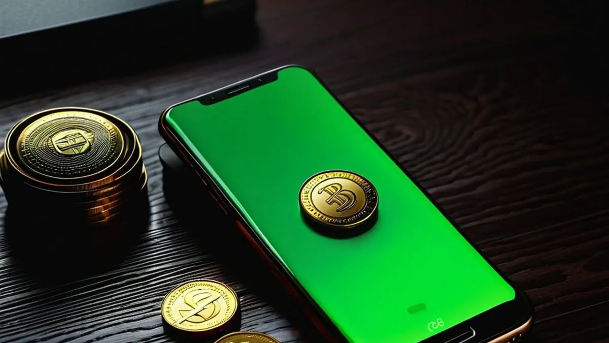 Celular con pantalla verde y una moneda dorada sobre una mesa de madera oscura