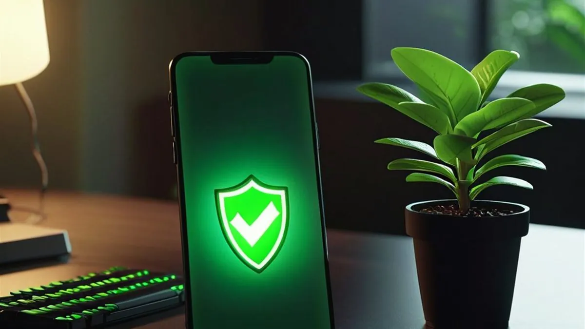 Celular con un escudo verde y una marca de verificación en pantalla junto a una planta